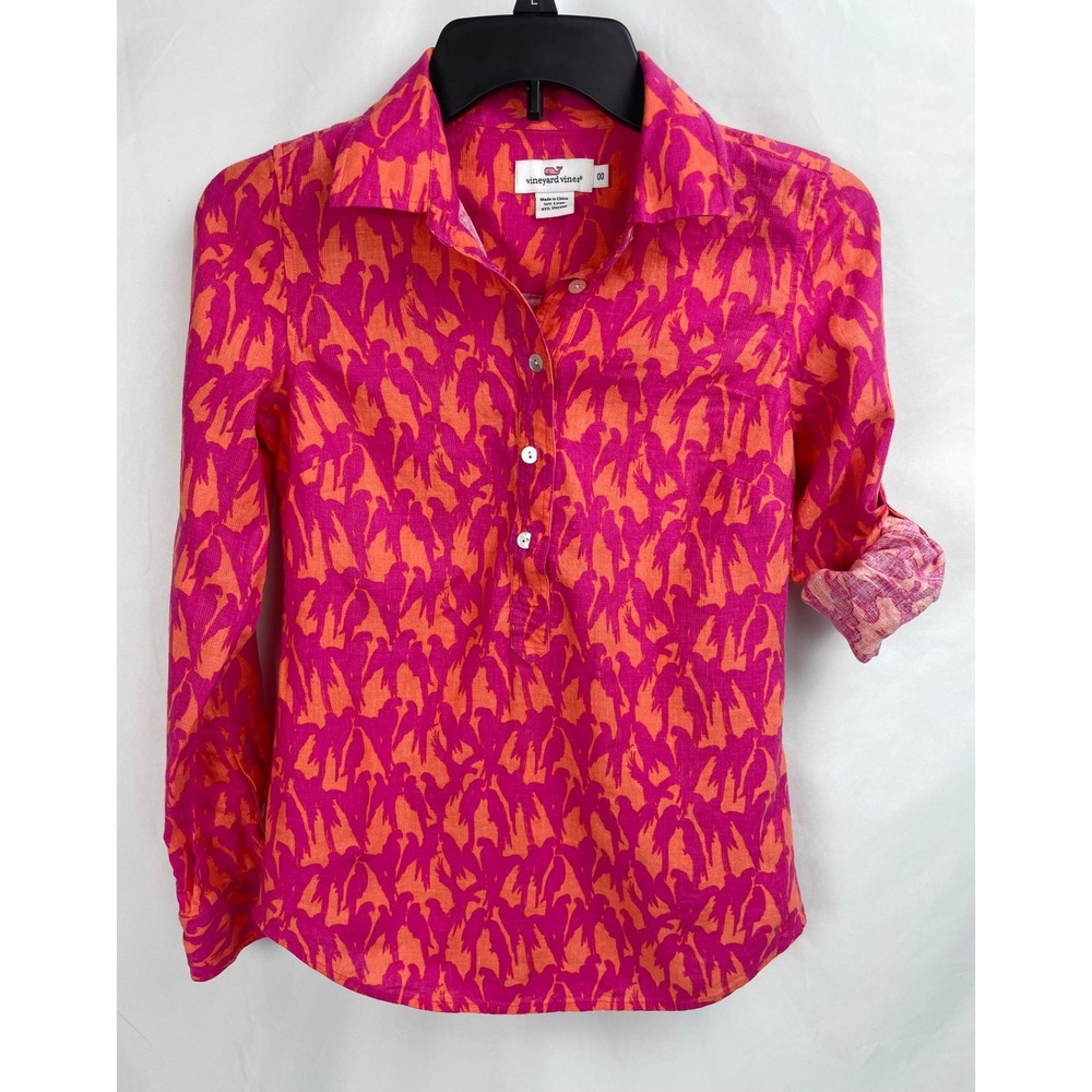 Vineyard Vines Women Size 00 Linen Shirt Roll Sleeves Bird Pink Orange